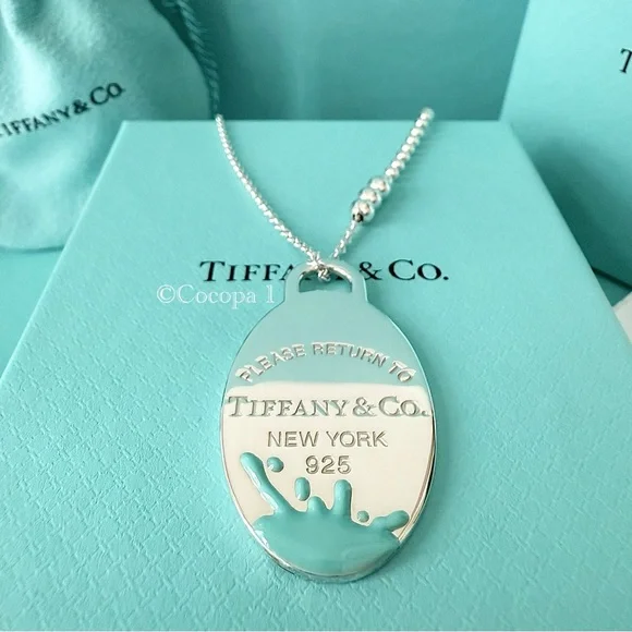 🩵 Tiffany & Co. 🎨 RARE Return To Tiffany Blue Splash Tag Oval Pendant 🤍 - Picture 2 of 15
